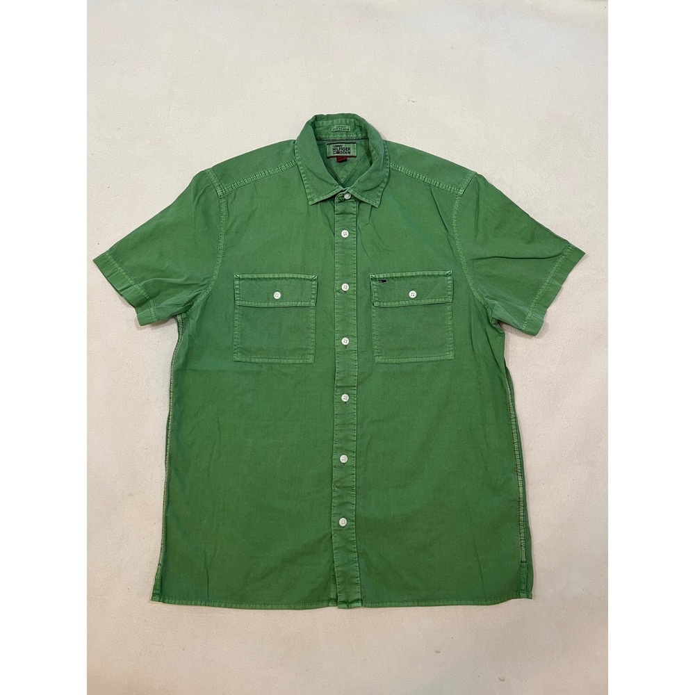 Tommy Hilfiger Denim Mens Green Short Sleeve Button Down Shirt Custom Fit Small